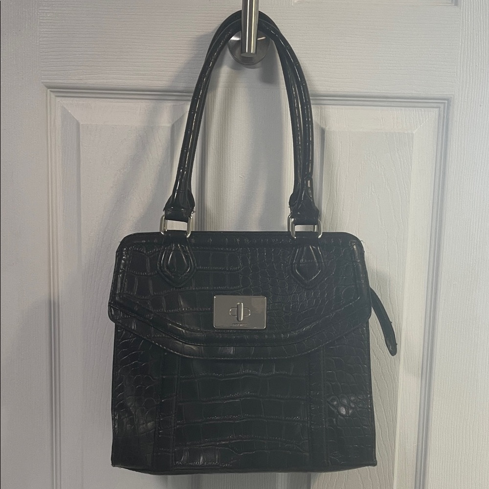 Vintage Nine West Elegant Black Crocodile-Embossed Handbag